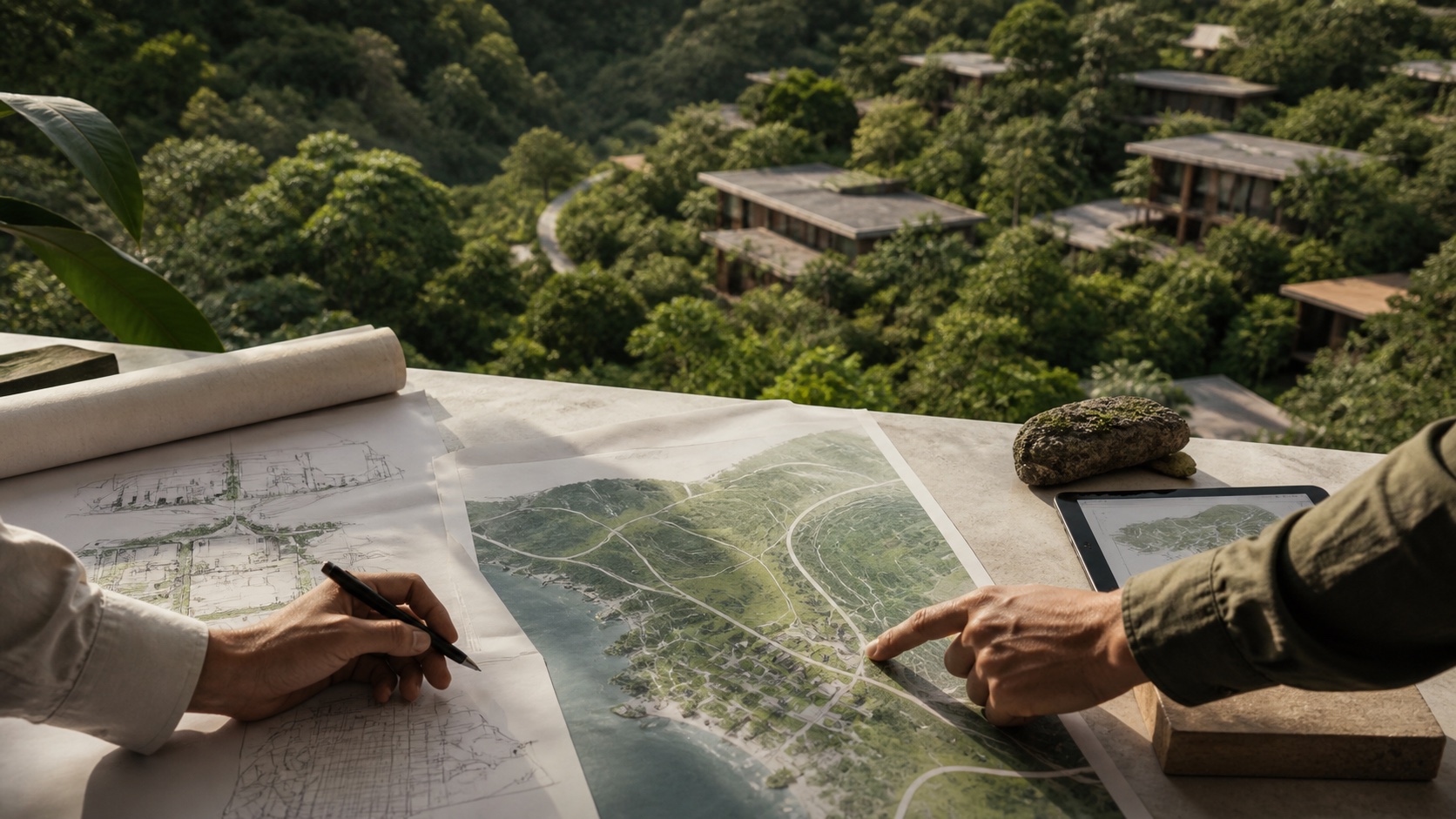 Especialistas revisando planos y cartografía de un desarrollo sostenible integrado con el entorno